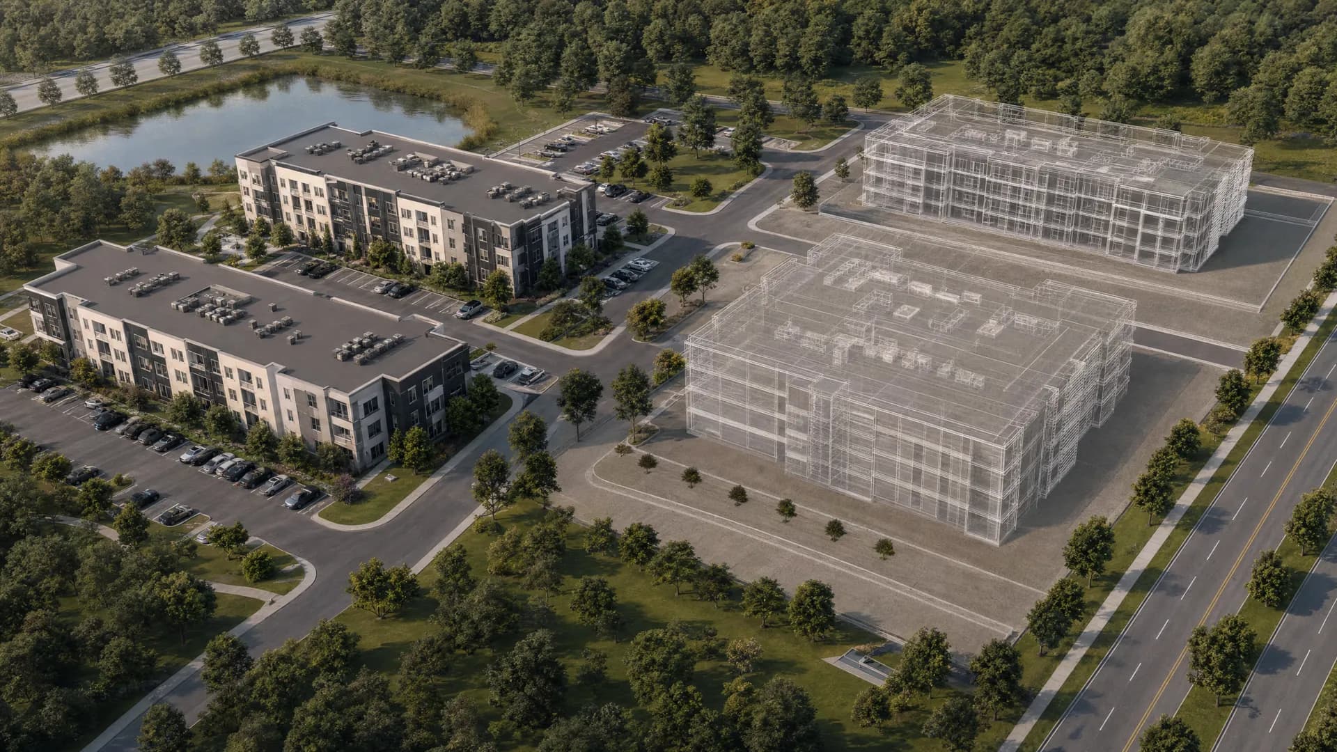 3D situacioni plan — prva faza izgradnje vidljiva, kasnije faze nagovešten kontekst
