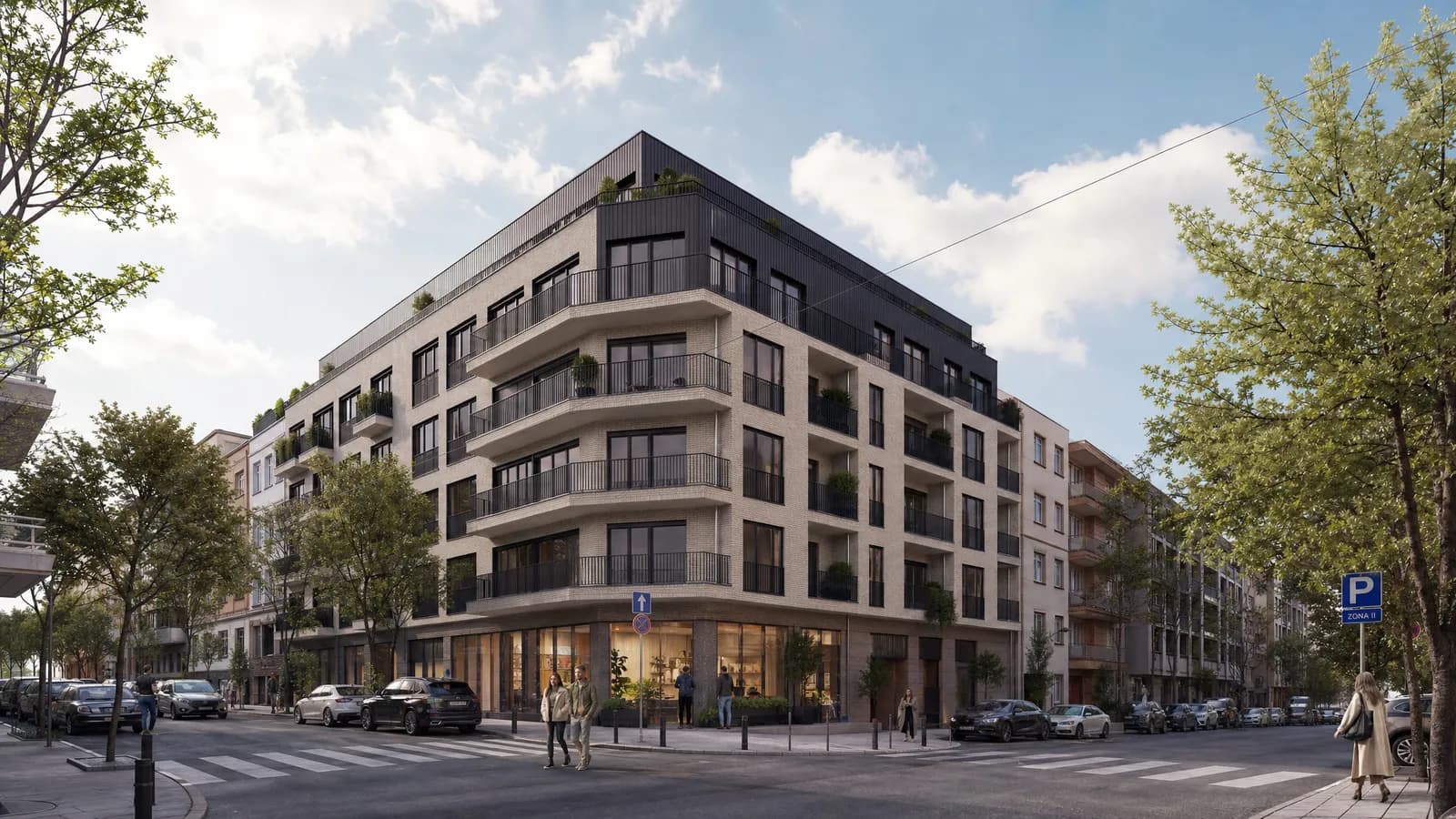 3D prikaz ulice — ugaona stambena zgrada sa lokalom u prizemlju u urbanom okruženju — Elegant Render