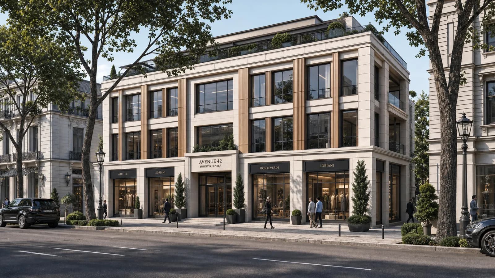 3D prikaz ulice — poslovni objekat sa lokalima na bulevaru, ulična perspektiva — Elegant Render