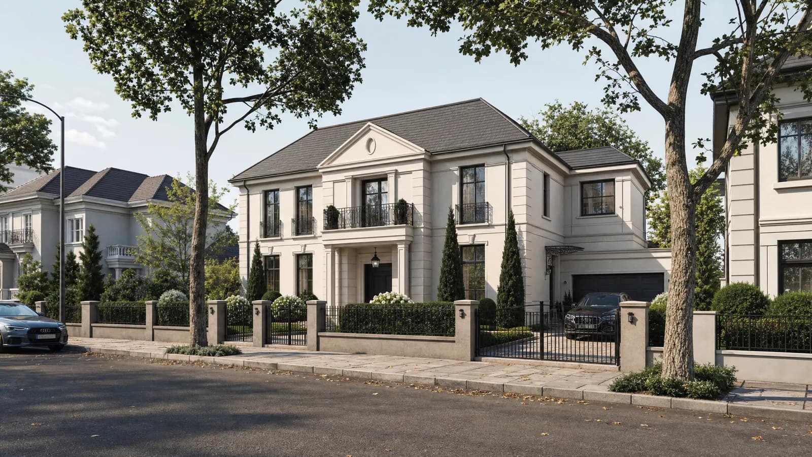 3D prikaz ulice — klasična vila u nizu susednih objekata — Elegant Render